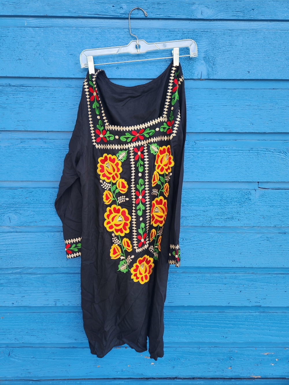 Black Mexican Embroidered Floral Tunic with Yellow & Red Accents